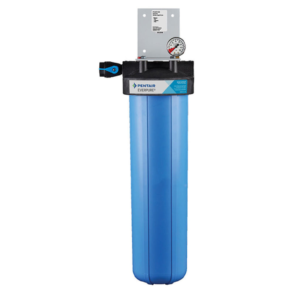 Blue cylindrical water filter housing with pressure gauge for Everpure FXAF-12B system