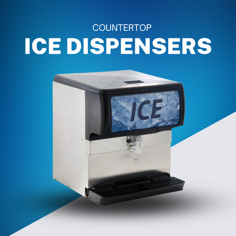 Commercial countertop ice dispenser with a stainless steel body and blue ice display on a gradient blue background, ideal for quick and efficient ice service