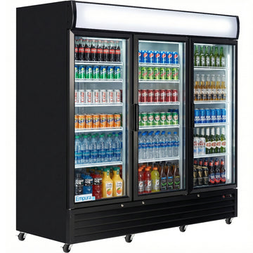Empura 78" Black Swing Glass 3 Door Merchandiser Refrigerator with ClearKeeper™ Glass, 66.6 Cu. Ft., LED Lighting, 15 Adjustable Shelves