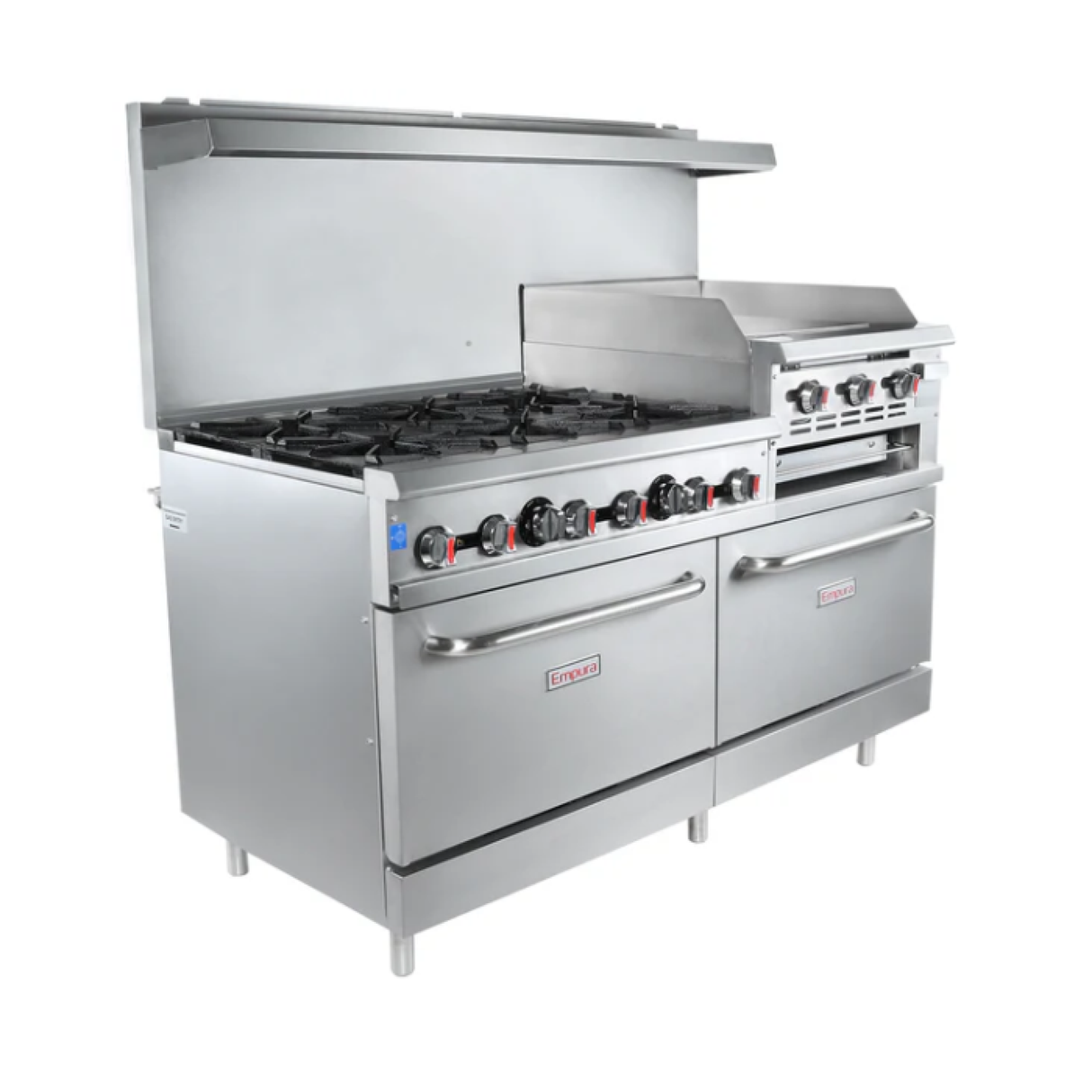 Empura Stainless EGR60-GS24/NAT Empura Natural Gas 60" Wide Stainless Steel 6-Burner Gas Range With Elevated 24" 3-Burner Right Side Griddle / Built In Salamander Broiler And 2 Full Sized Standard Ovens 302000 BTU