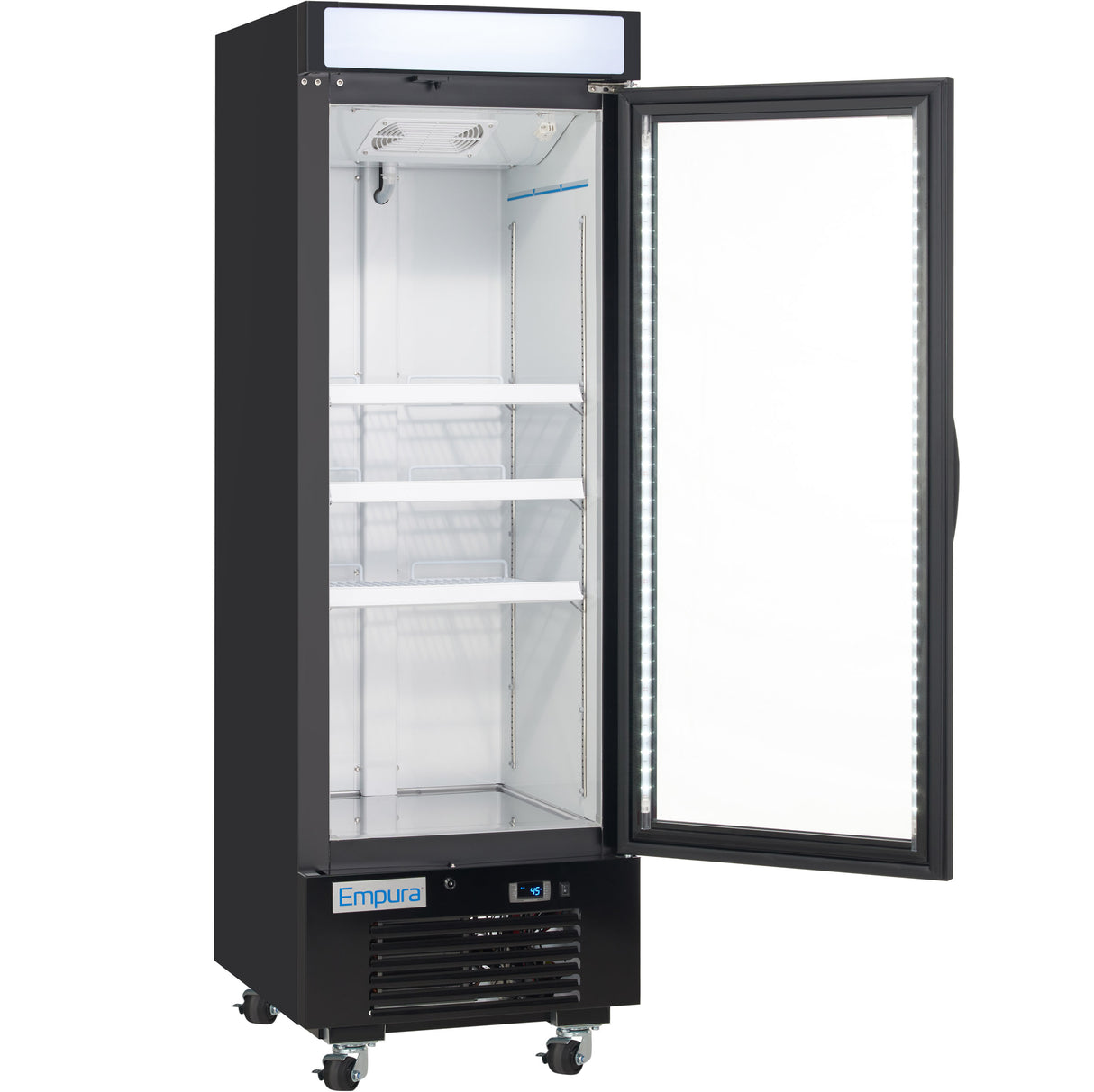 Empura 25" Black Swing Glass Door Merchandiser Freezer with ClearKeeper™ Glass, 12.6 Cu. Ft., LED Lighting, 3 Adjustable Shelves