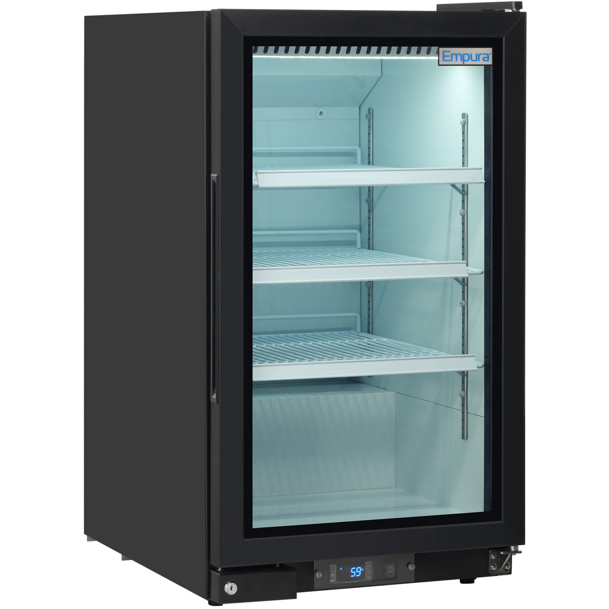 Empura 26" Black Swing Glass Door Countertop Merchandiser Refrigerator with ClearKeeper™ Glass, 7 Cu. Ft., LED Lighting, Automatic Defrost