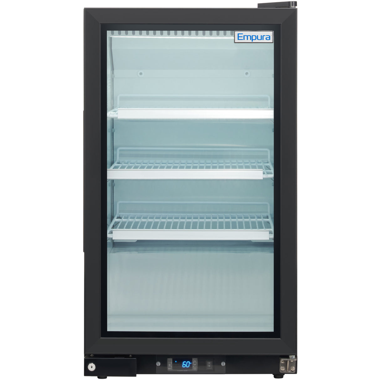 Empura 26" Black Swing Glass Door Countertop Merchandiser Refrigerator with ClearKeeper™ Glass, 7 Cu. Ft., LED Lighting, Automatic Defrost