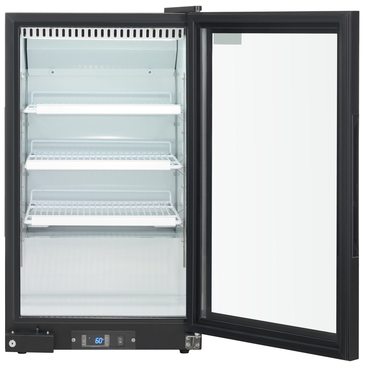 Empura 26" Black Swing Glass Door Countertop Merchandiser Refrigerator with ClearKeeper™ Glass, 7 Cu. Ft., LED Lighting, Automatic Defrost