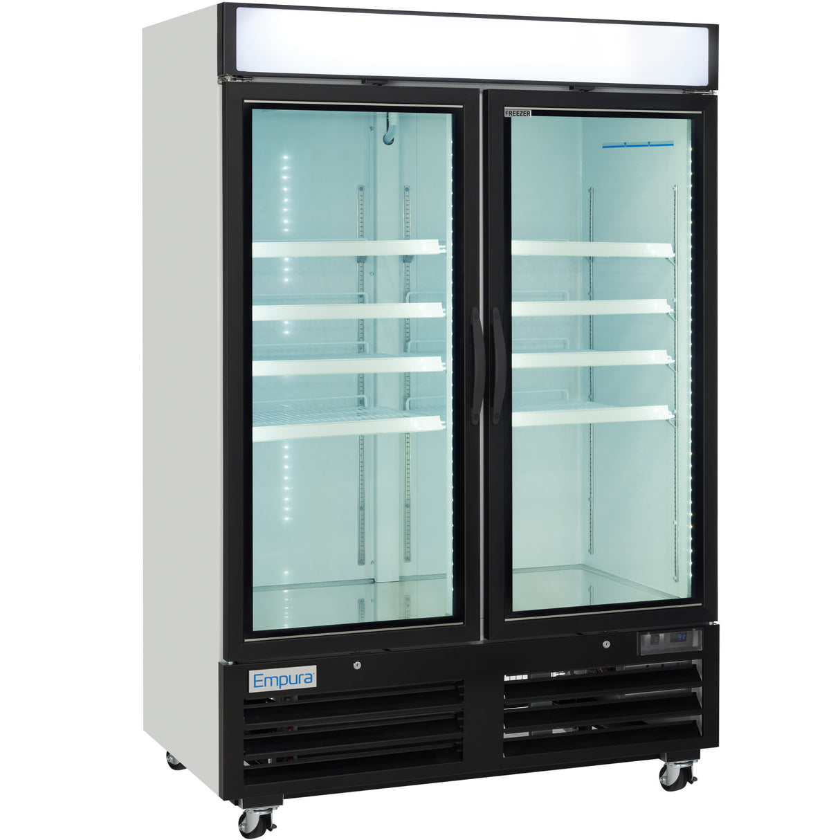 Empura 54" White Swing Glass 2 Door Merchandiser Freezer with ClearKeeper™ Glass, 43.8 Cu. Ft., LED Lighting, 8 Adjustable Shelves