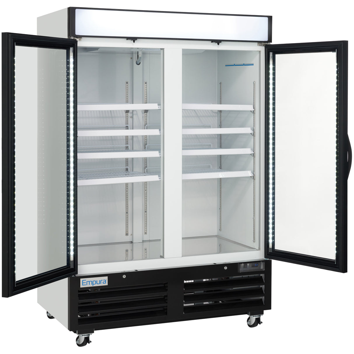 Empura 54" White Swing Glass 2 Door Merchandiser Freezer with ClearKeeper™ Glass, 43.8 Cu. Ft., LED Lighting, 8 Adjustable Shelves