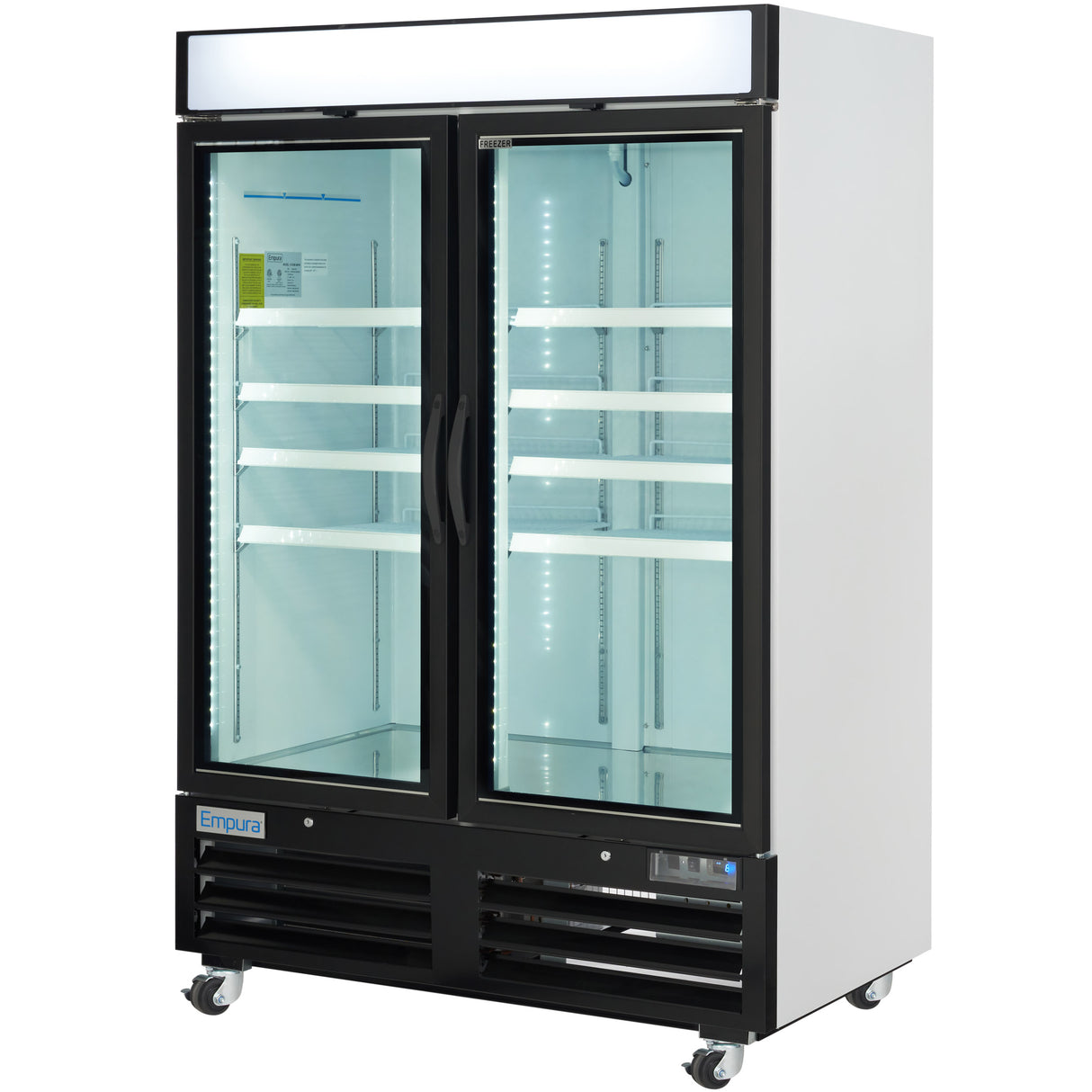 Empura 54" White Swing Glass 2 Door Merchandiser Freezer with ClearKeeper™ Glass, 43.8 Cu. Ft., LED Lighting, 8 Adjustable Shelves