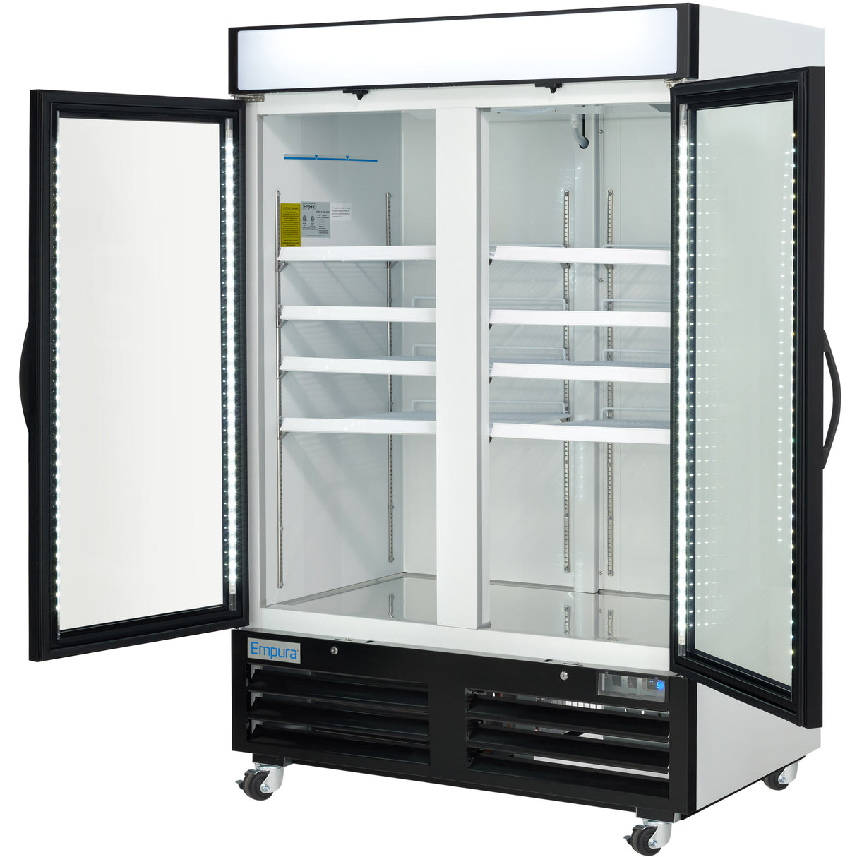Empura 54" White Swing Glass 2 Door Merchandiser Freezer with ClearKeeper™ Glass, 43.8 Cu. Ft., LED Lighting, 8 Adjustable Shelves