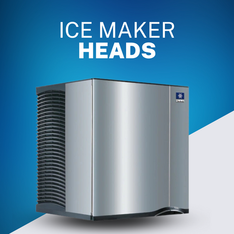 Stainless steel commercial ice maker head unit on a gradient blue background, designed for high-volume ice production in restaurants and bars