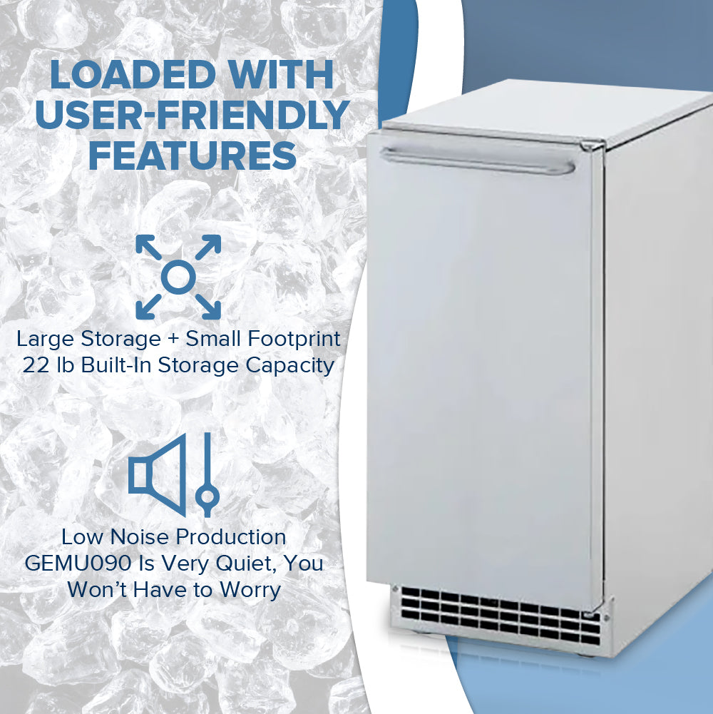 Small refrigerator with text highlighting user-friendly features on a textured background