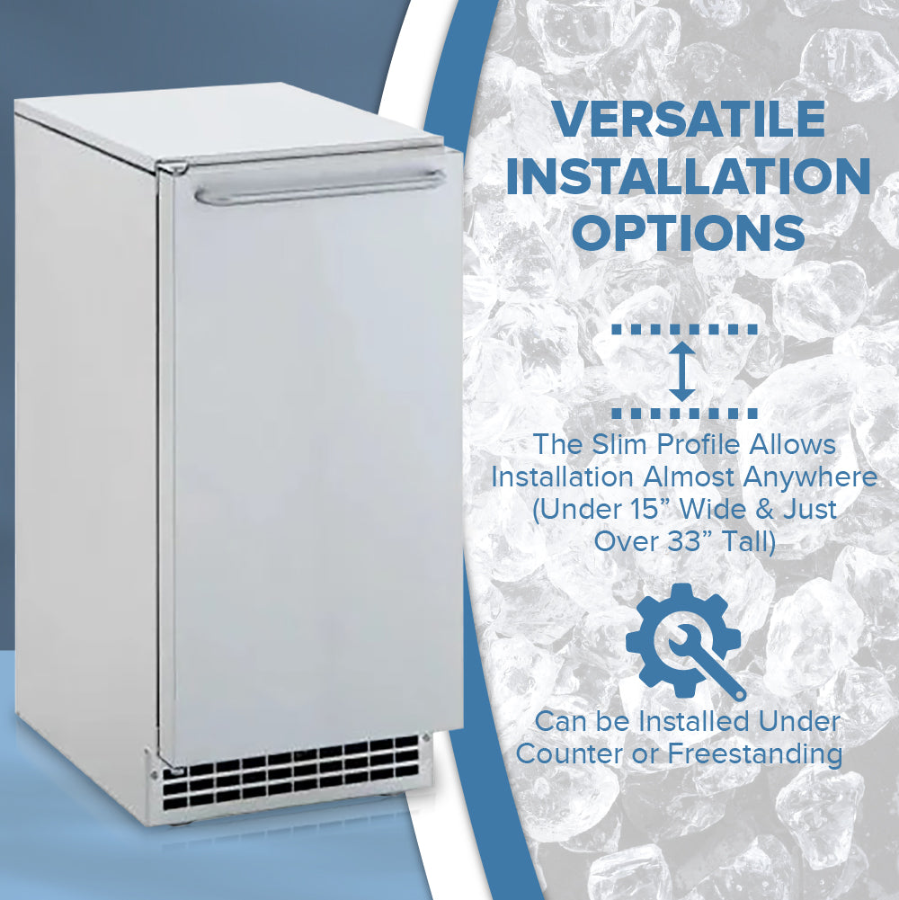 White GEMU090 with text about versatile installation options on a blue and gray background
