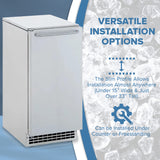 White GEMU090 with text about versatile installation options on a blue and gray background