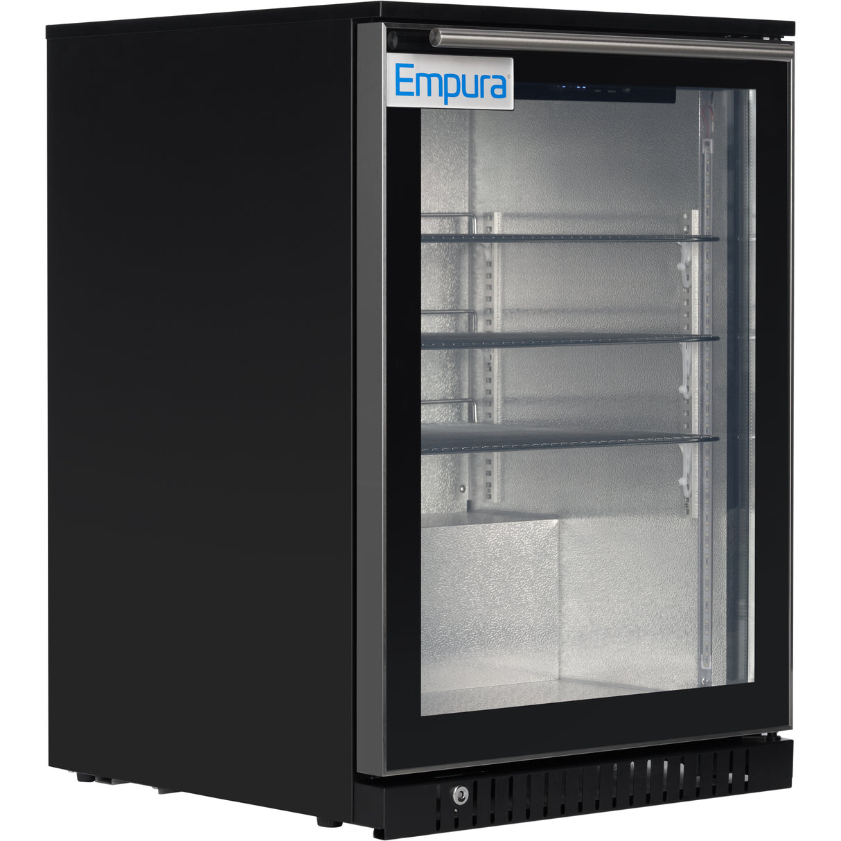 Empura 24" Black Swing Glass Door Undercounter Merchandiser Refrigerator with ClearKeeper™ Glass, 5.5 Cu. Ft., LED Lighting, Locking Glass Door
