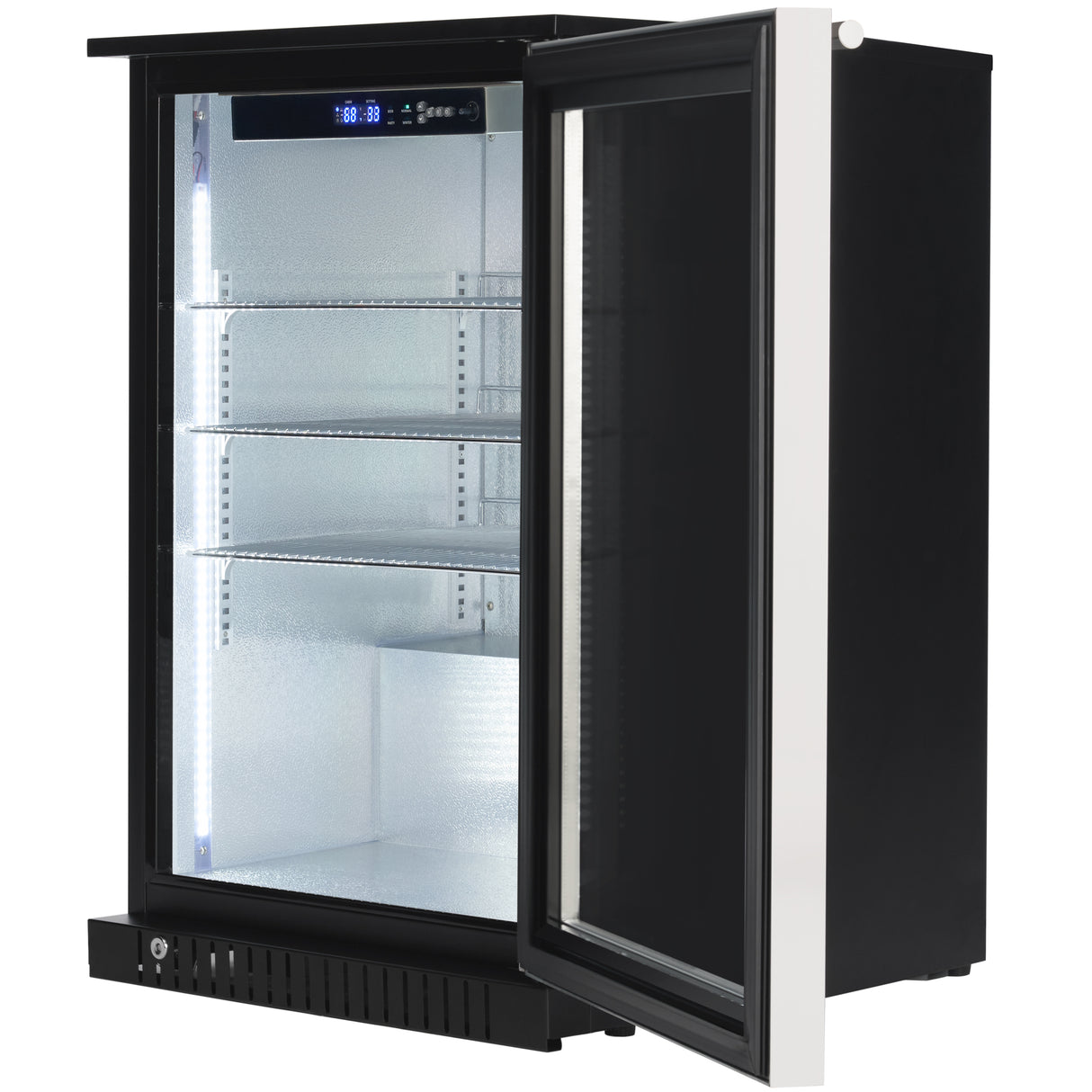 Empura 24" Black Swing Glass Door Undercounter Merchandiser Refrigerator with ClearKeeper™ Glass, 5.5 Cu. Ft., LED Lighting, Locking Glass Door