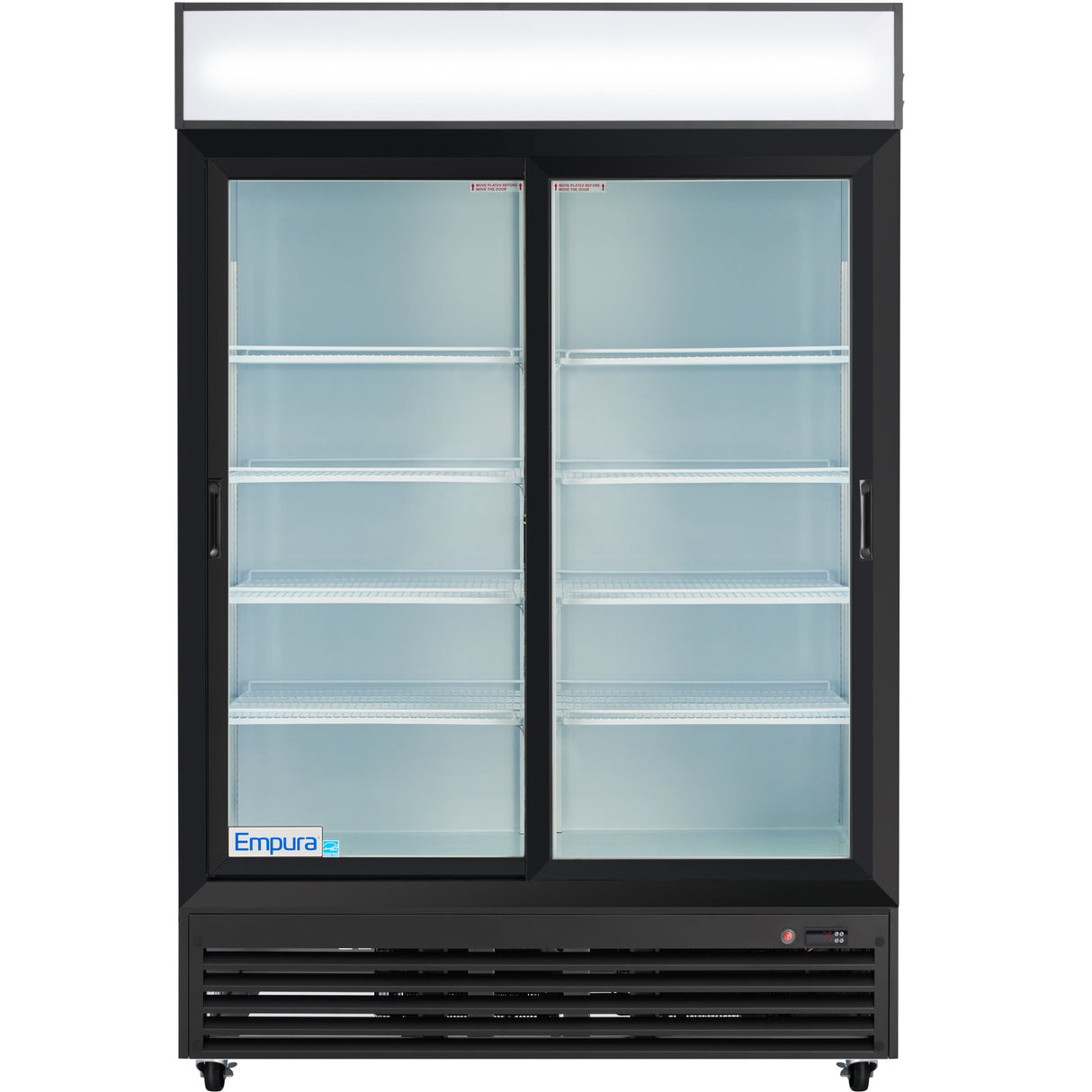 Empura 52" Black Sliding Glass 2 Door Merchandiser Refrigerator with ClearKeeper™ Glass, 48 Cu. Ft., LED Lighting, 8 Adjustable Shelves