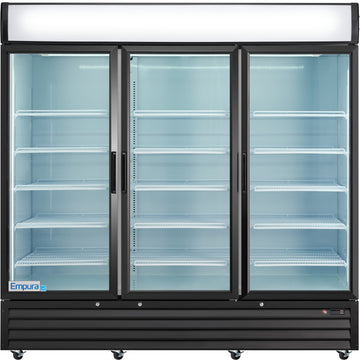 Empura 78" Black Swing Glass 3 Door Merchandiser Refrigerator with ClearKeeper™ Glass, 66.6 Cu. Ft., LED Lighting, 15 Adjustable Shelves