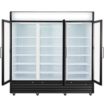 Empura 78" Black Swing Glass 3 Door Merchandiser Refrigerator with ClearKeeper™ Glass, 66.6 Cu. Ft., LED Lighting, 15 Adjustable Shelves