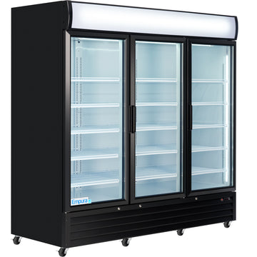 Empura 78" Black Swing Glass 3 Door Merchandiser Refrigerator with ClearKeeper™ Glass, 66.6 Cu. Ft., LED Lighting, 15 Adjustable Shelves