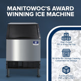 Manitowoc UDF0140A ice machine with features listed on a blue background
