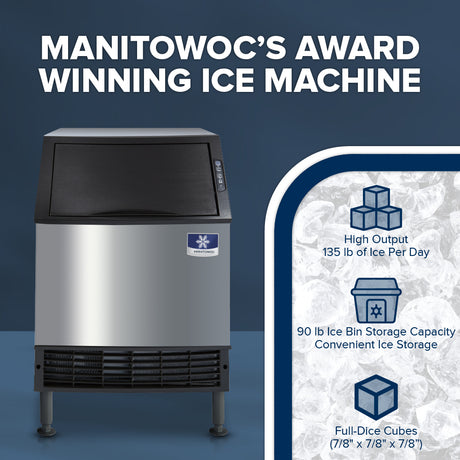 Manitowoc UDF0140A ice machine with features listed on a blue background
