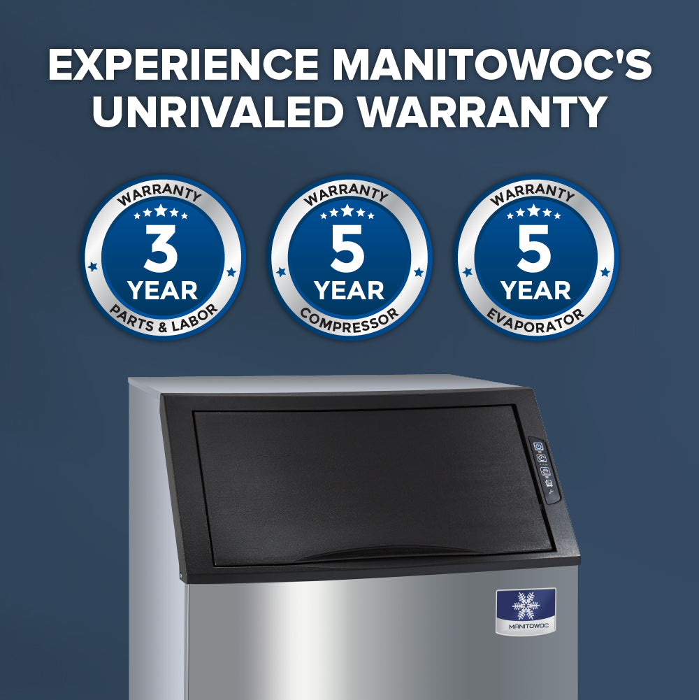 Manitowoc UDF0140A ice machine with warranty information on a blue background