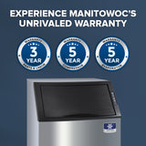 Manitowoc UDF0140A ice machine with warranty information on a blue background