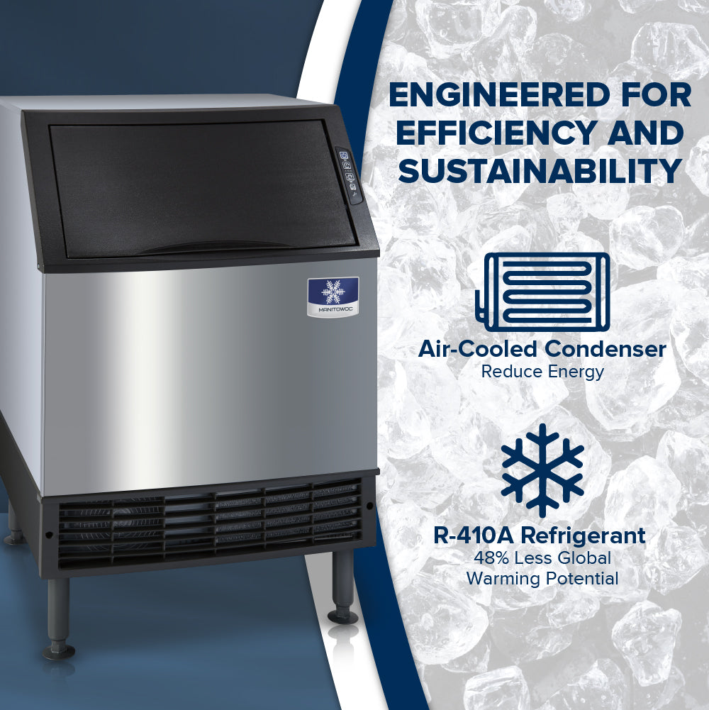 Manitowoc UDF0140A Ice machine with energy efficiency features on a blue and white background