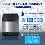 Manitowoc UDF0140A Ice machine with certification logos and specifications on a textured background