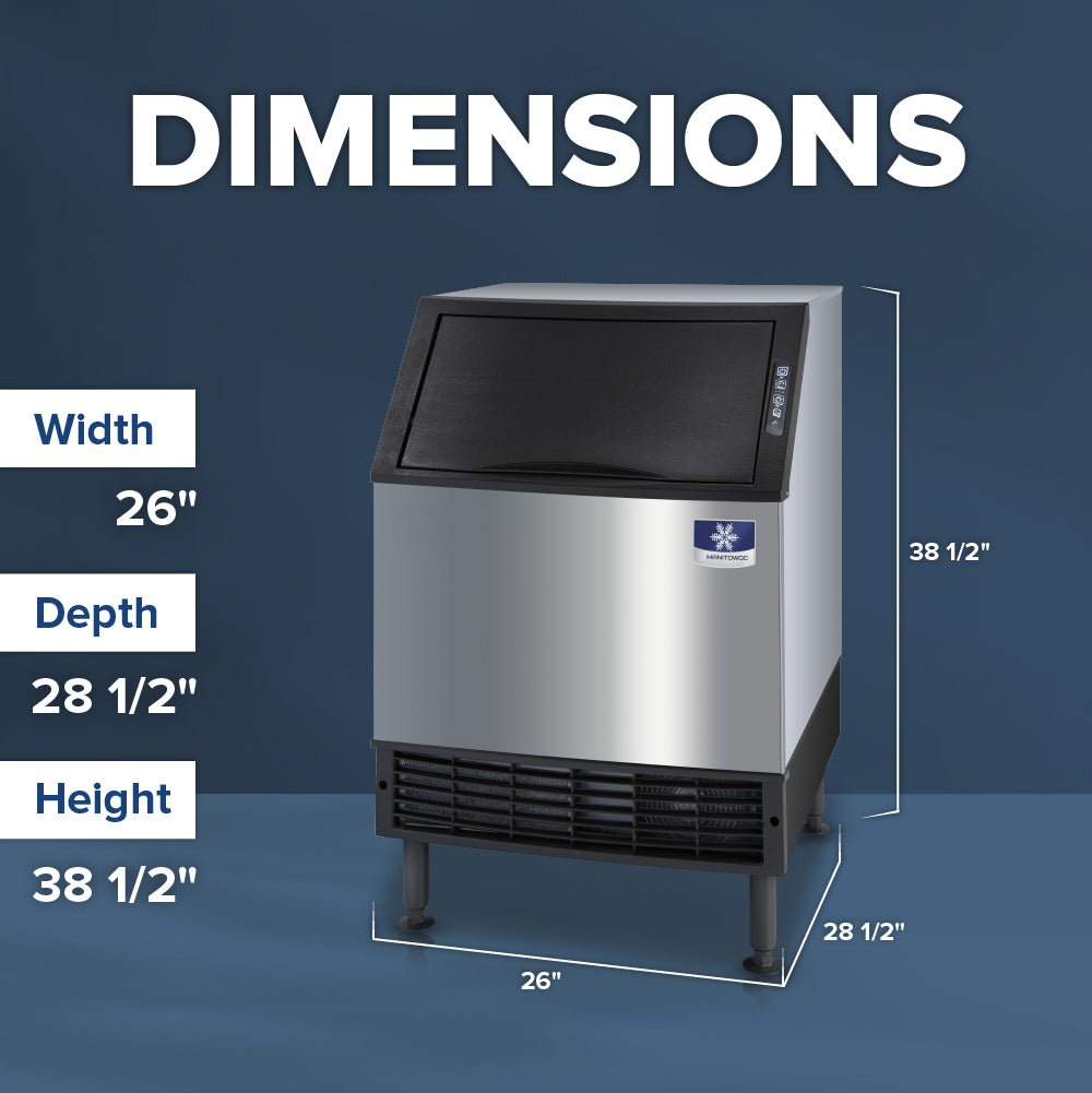 Ice machine with dimensions labeled on a blue background Manitowoc UDF0140A