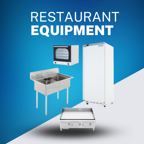 Commercial restaurant equipment including a stainless steel sink, refrigerator, oven, and griddle on a gradient blue background, ideal for professional kitchens