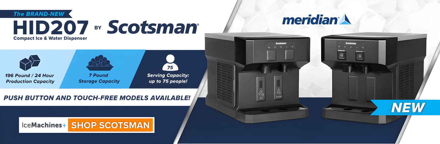 Scotsman HID207 Meridian Compact Ice and Water Dispenser - 196 lbs Production Capacity, 7 lbs Storage, Push Button and Touch-Free Models