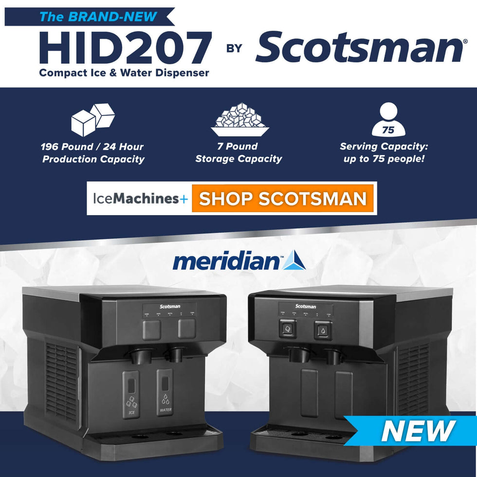 Scotsman HID207 Meridian Compact Ice and Water Dispenser - 196 lbs Production Capacity, 7 lbs Storage, Push Button and Touch-Free Models