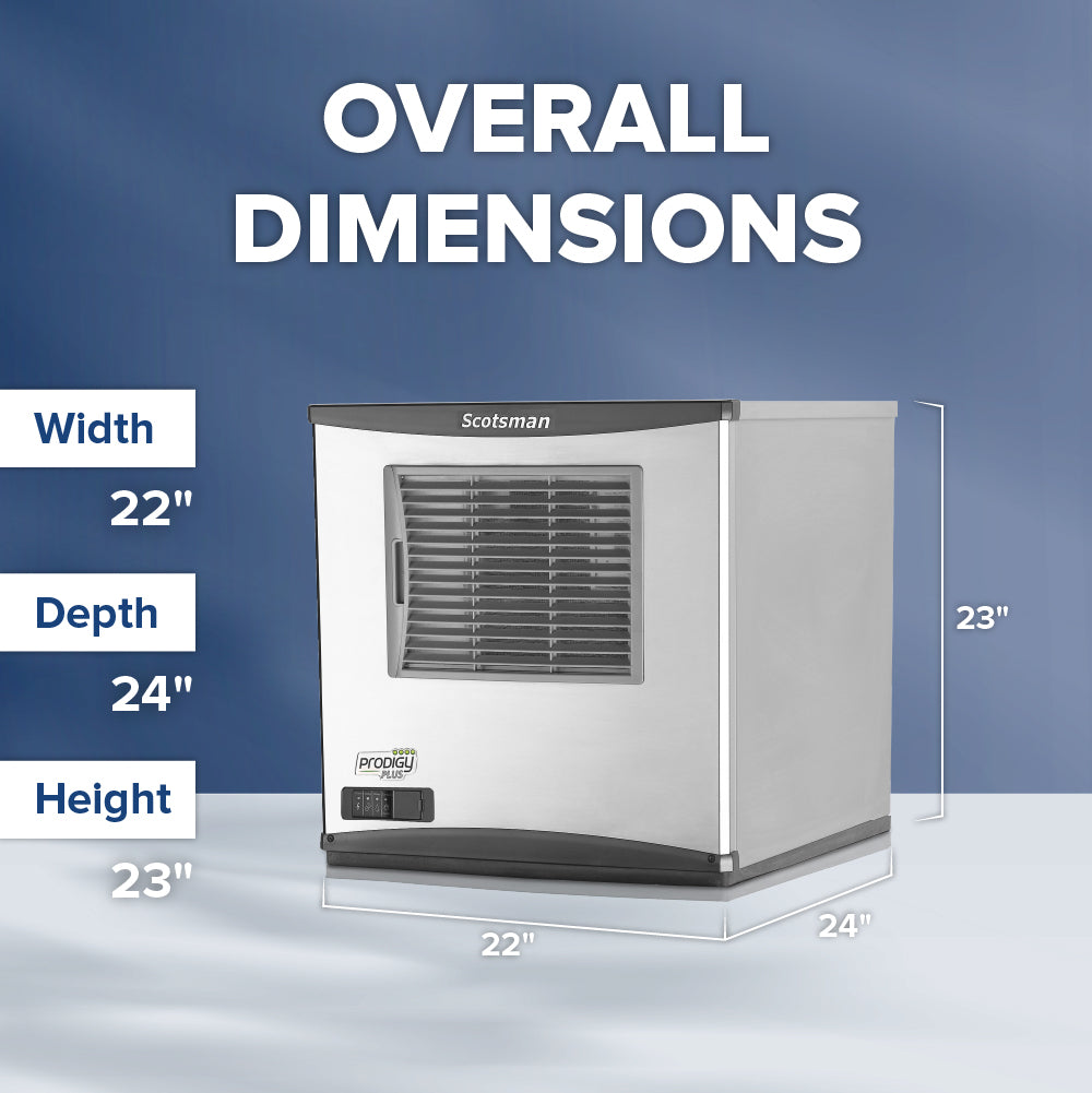 Scotsman NS0422A-1 ice machine with dimensions labeled on a blue background