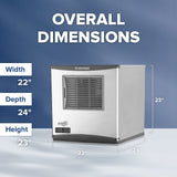 Scotsman NS0422A-1 ice machine with dimensions labeled on a blue background