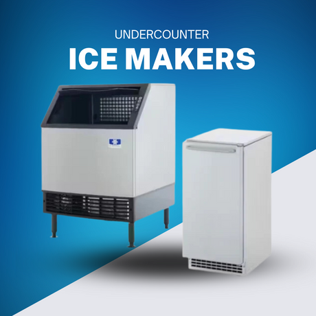 Commercial and residential undercounter ice makers on a gradient blue background, featuring a stainless steel design, ideal for kitchens and bars