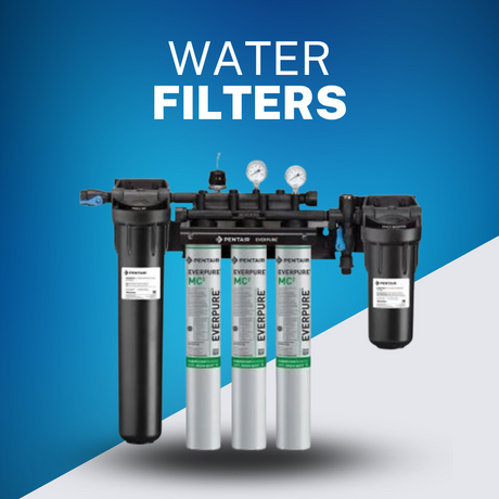 Commercial-grade water filtration system with multiple filter cartridges on a gradient blue background, suitable for industrial and restaurant use