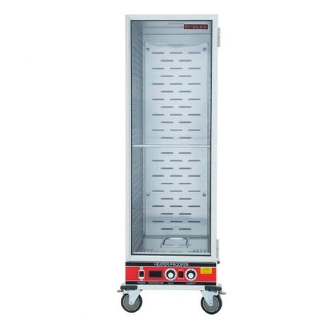 Mobile Empura Heated Holding Cabinet with clear door panels and casters for easy transport