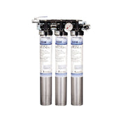 Triple-cartridge water filter assembly with stainless steel housings and pressure gauge