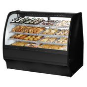 Curved glass bakery display case showcasing various pastries in True Refrigeration TGM-DC-59-SC/SC-S-S