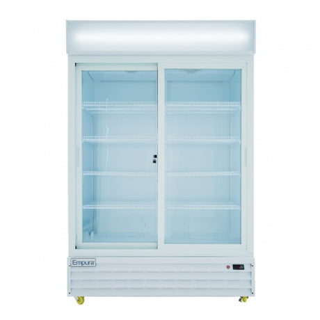 White sliding glass door commercial refrigerator with interior shelving by Empura Refrigeration