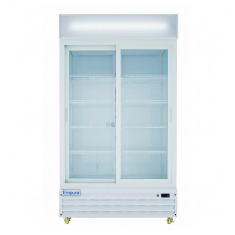 Commercial white sliding glass door refrigerator with shelves in Empura ESM-36W model