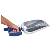 Metal ice scoop with blue handle and knuckle guard held in hand, Manitowoc K00463 Ice