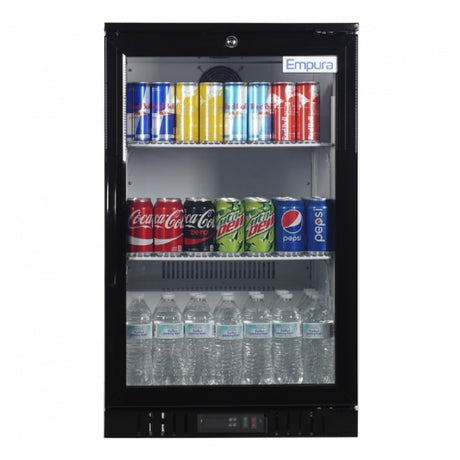 Empura Refrigeration EGM-7B Black Swing Glass Door Merchandiser Refrigerator stocked with beverages