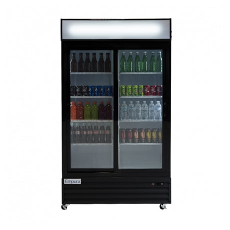 Double-door black sliding glass door refrigerator displaying beverages in a sleek design