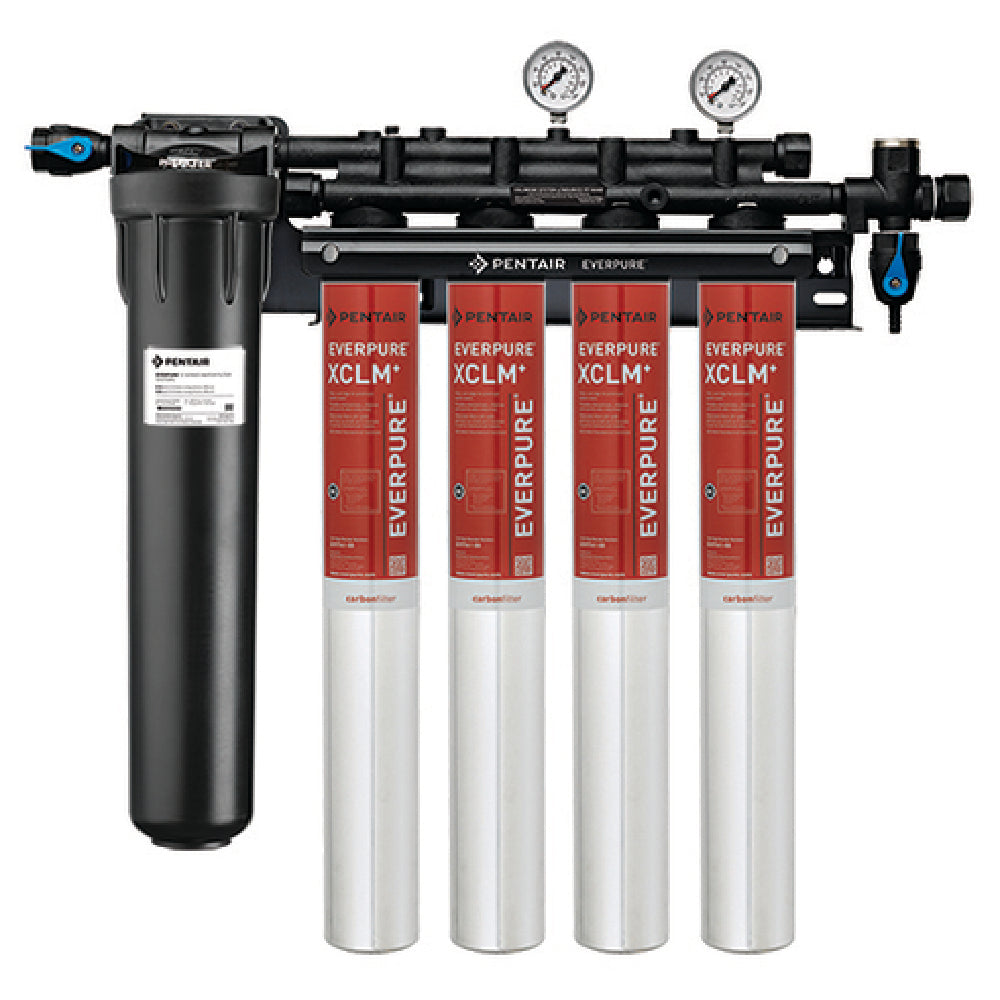 Multi-cartridge water filtration system featuring pressure gauges and mounting bracket for Everpure EV976124 Coldrink 4-XCLM+ with 5 Micron filtration and optimal G