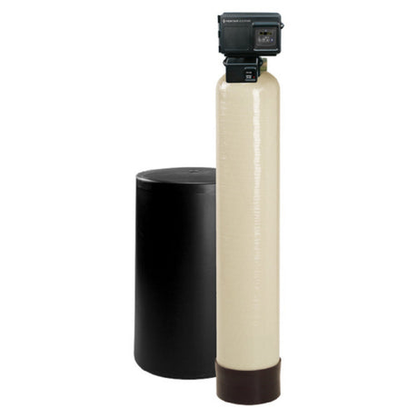 Beige Everpure EV998423 single water conditioner with black brine tank and control valve