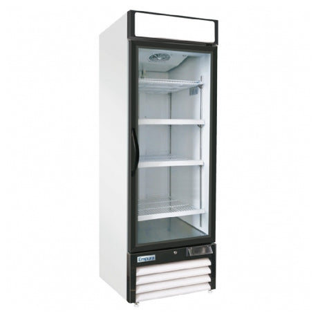 Commercial glass door freezer merchandiser with white exterior and multiple shelves