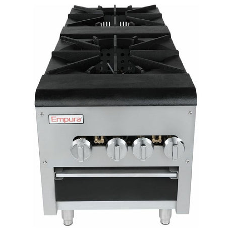 Double-burner commercial natural gas stock pot range with stainless steel construction