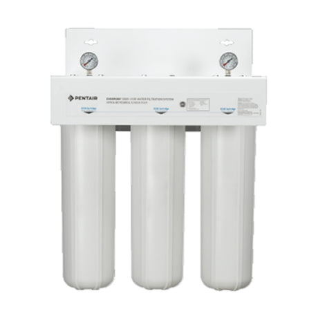 Triple-cartridge water filtration housing with pressure gauges for Everpure CB20-312E