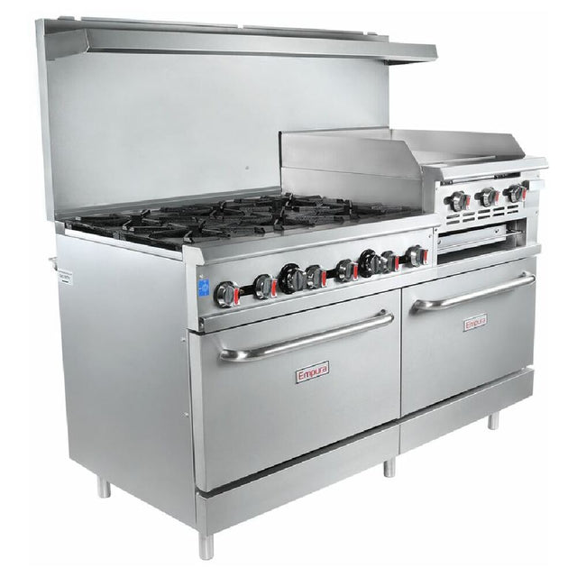 Empura Equipment EGR60-GS24_NAT Empura Natural Gas 60" Wide Stainless Steel 6-Burner Gas Range With Elevated 24" 3-Burner Right Side Griddle / Built In Salamander Broiler And 2 Full Sized Standard Ovens 302000 BTU